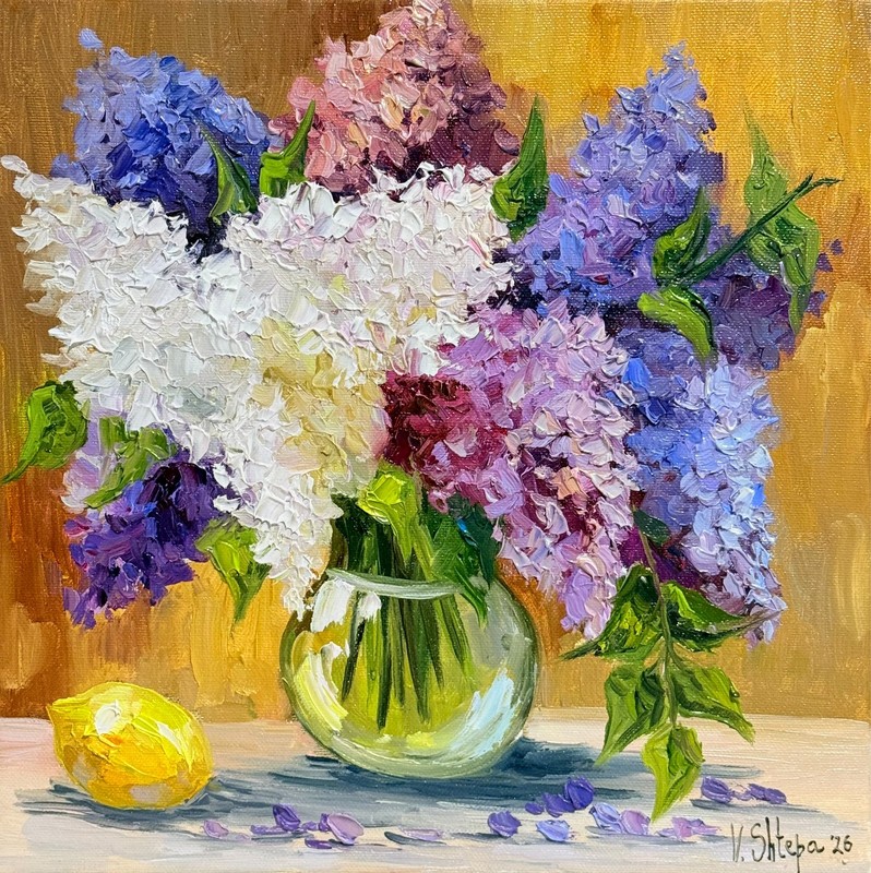 Original Oil Painting Lilac Flowers Spring Still Life Art Signed 12×12 in