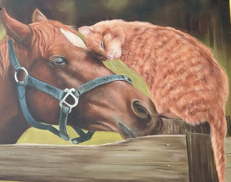 ORIGINAL ANITA GERLACH FRAMED OIL PAINTING 27 1/2" x 21 1/2" CAT CUDDLING HORSE gallery