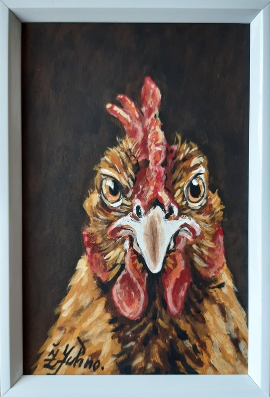 Chicken Original Oil Painting Farmhouse Art Hen Lover Gift Rustic Framed 6×4