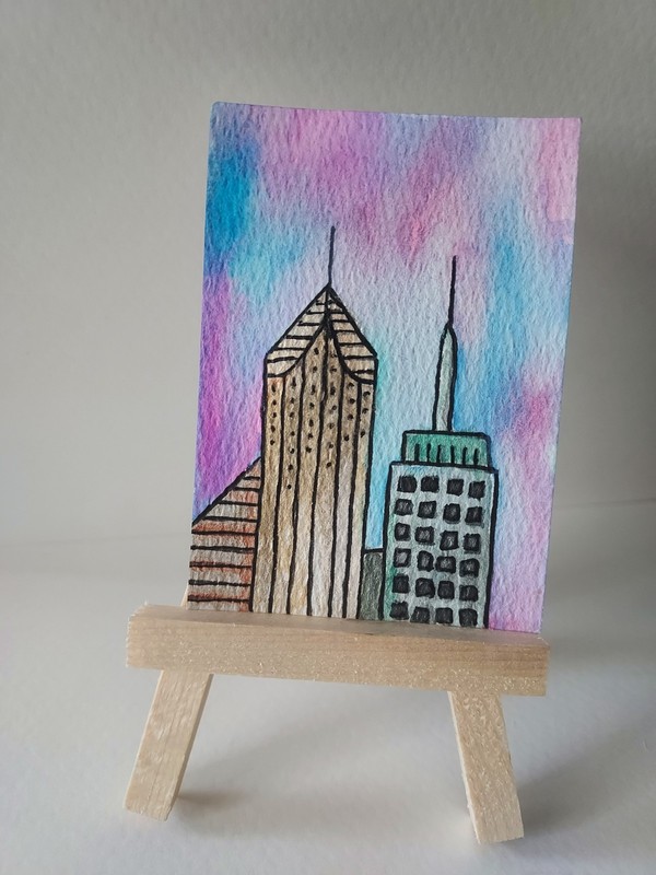ACEO Original Illuminated Horizons #2 Cityscape Buildings Watercolor, Small