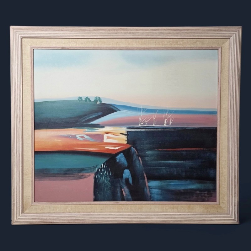 Vintage Abstract Landscape Painting Framed Mid Century Modern Coastal Wall Art