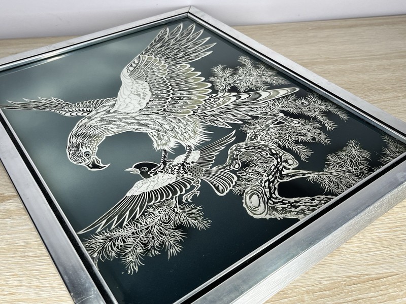 Vintage Korean Etched Glass Art Eagle & Small Bird Scene 15x11.5 Framed Mirror gallery