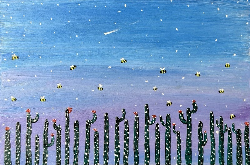 Original Small Painting, Cactus Bumblebees , Abstract Oil 3.75×5.5, Mini Art