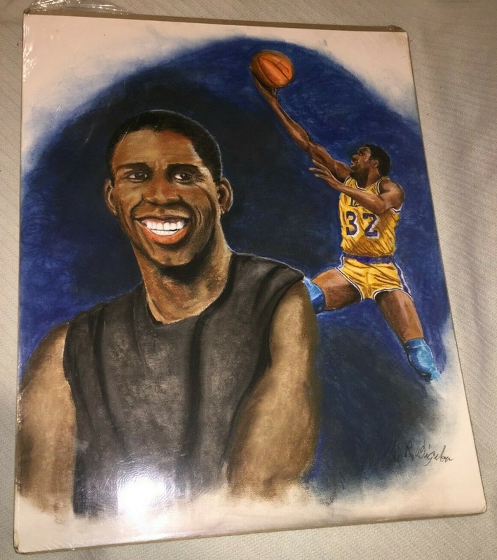 The Art Work M. J. #32 Magic Johnson 19″x24″ Painted by Willie R Bigelow w/COA