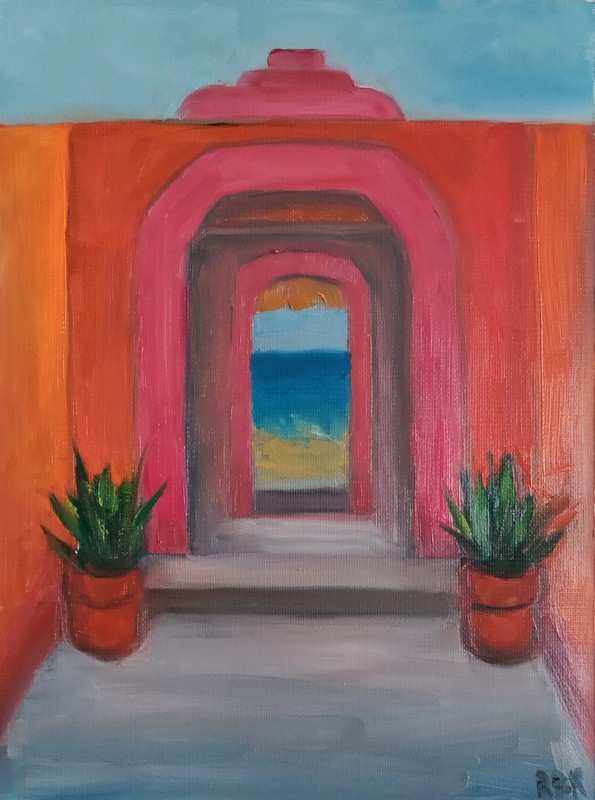 Oil Painting «Mexico Courtyard» Tropical Warm Inviting Spa Tranquil Fauvism Sea