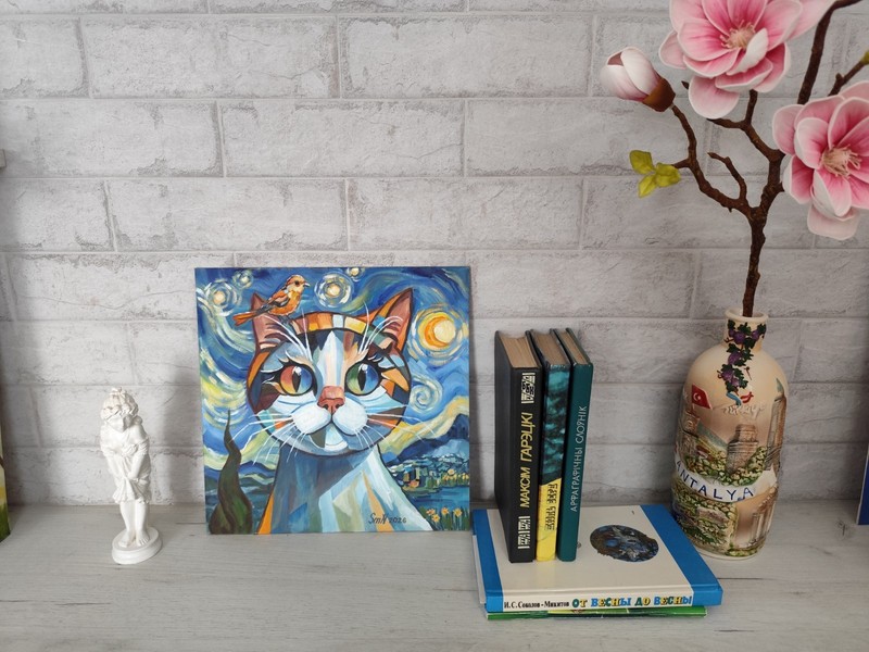 Tell Me About Van Gogh – Cat Portrait Original Conceptual Painting Signed Artist gallery