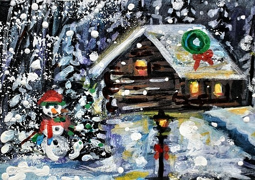 ACEO Original Winter XMAS Cabin Tree PAINTING Snow Snowman Holiday Landscape ART
