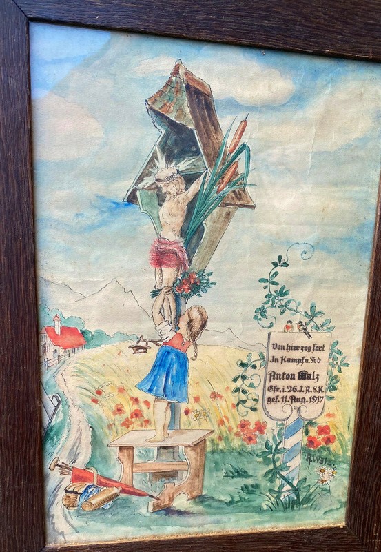 ::WATERCOLOR SIGN. A. WALZ GIRL DECORATES MARTYR PRAYER CROSS OLD GERMAN gallery