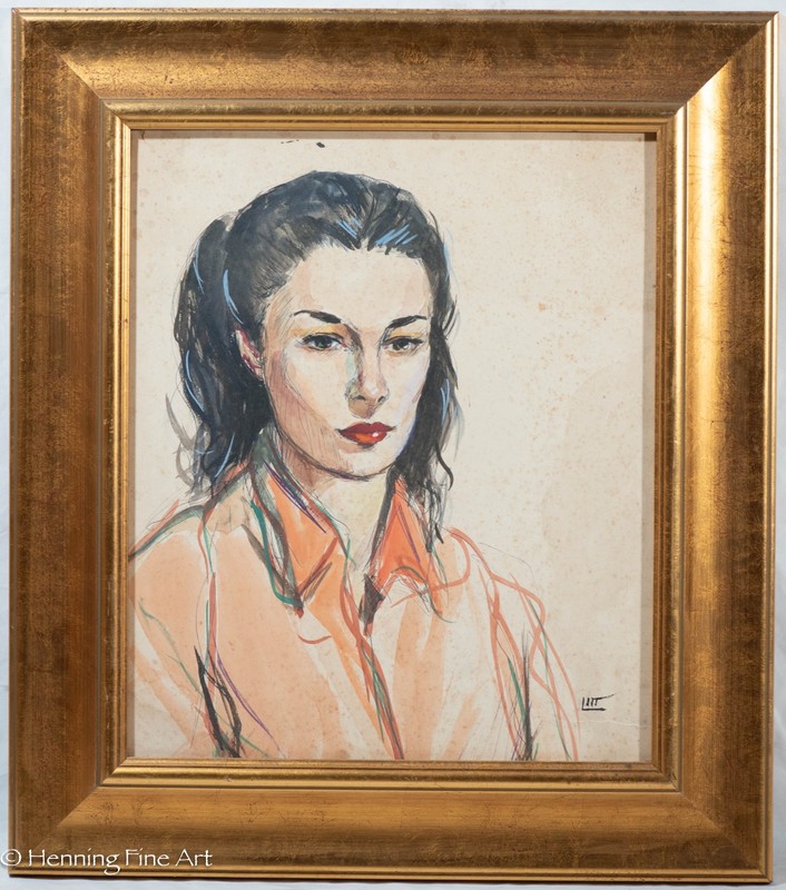 Fine Vintage Female Portrait Painting Red Lip, Pink Blouse Signed Litt 25×22″