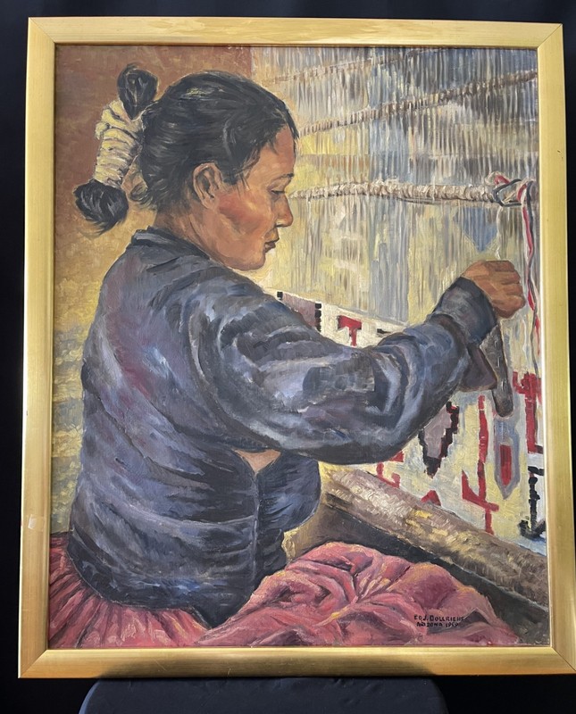 1959 Oil on Canvas by Ed J. Dollriehs - Navajo Rug Weaver - 28" x 34" - Realism