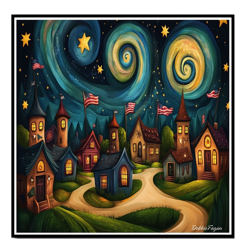 4th of July Village Flags Fireworks Flat Rolled, Framed or Wrapped Canvas gallery