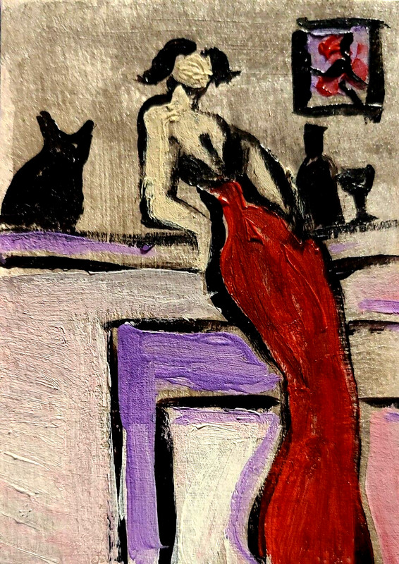 ORIGINAL ACEO PAINTING Woman Cat Black Kitten Miniature Card By Carole Collins