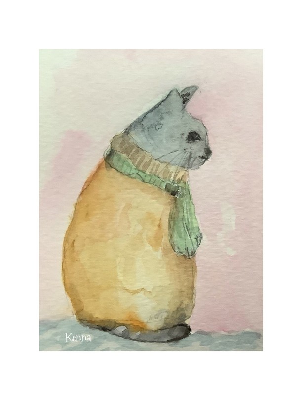 ACEO By Kenna Original Watercolour Painting Pet Cat 2.5” X 3.5” Signed ÀTC
