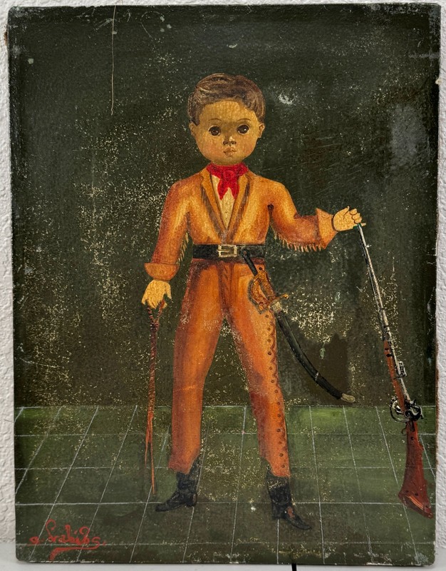 Vintage Agapito Labios Oil Painting Soldier Boy Rifle Sword Mexican Folk Art