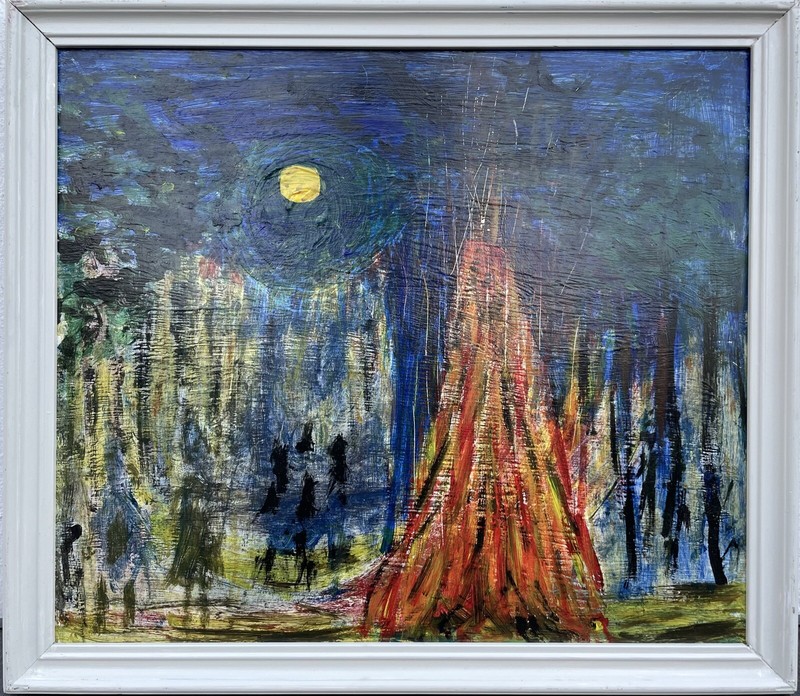 Expressionist Landscape With People In Moonlight Modern Oil Painting