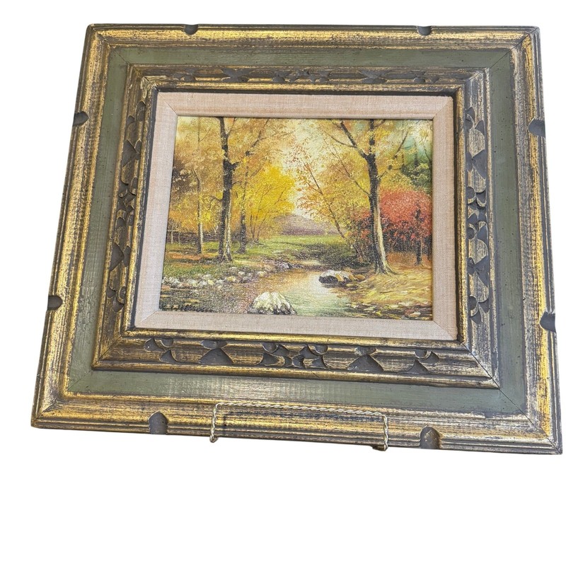 Vintage Autumn Landscape Oil Painting Ornate Gold Gilt Wood Frame Stream Forest