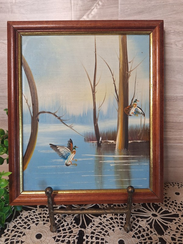 Vintage Landscape / Landing Ducks Framed Oil Painting, Cottage core, MCM,…