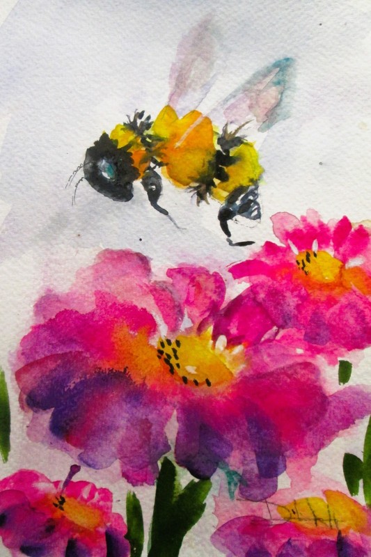 Delilah garden bee insect impressionism 9×6 watercolor contemporary COA
