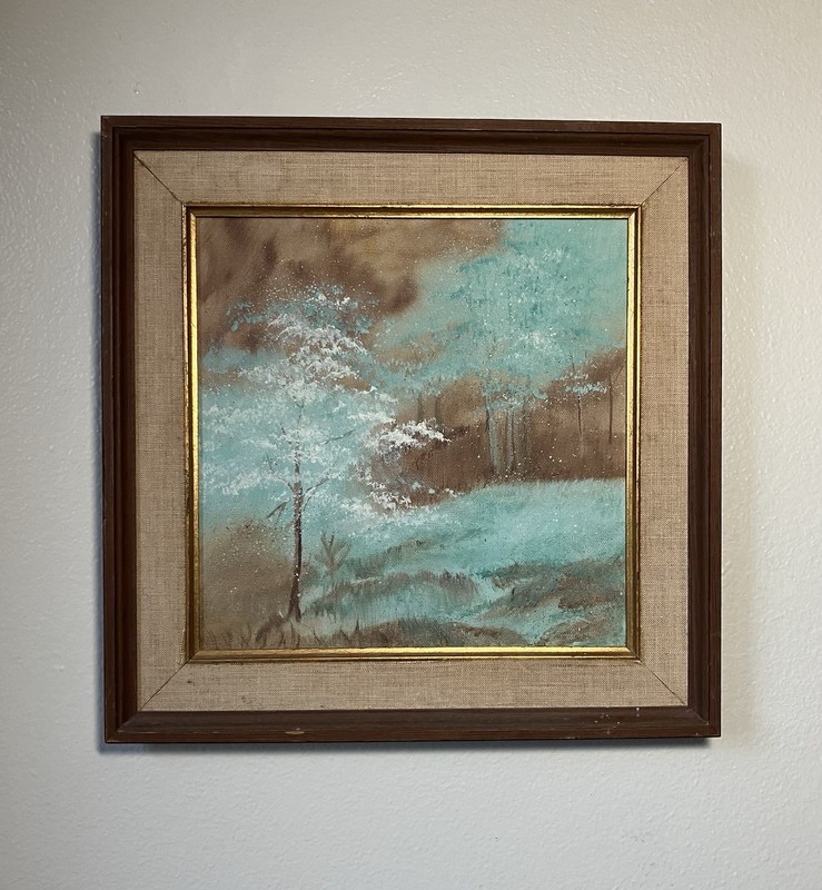vintage painting landscape forest orig frame old retro mcm winter trees square