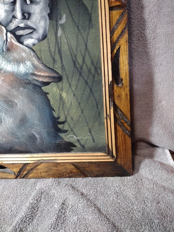 Vintage Native American Indian Velvet Painting Wolf Retro Signed Framed Rustic gallery