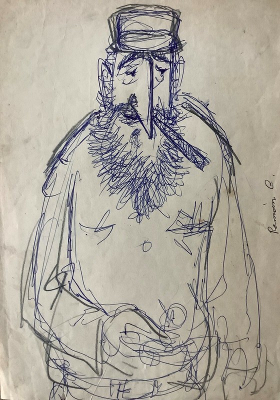 Caricature by Juan David. Ramon Castro, ca 1975. Original art. Ink on paper