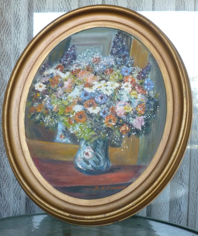 OIL PAINTING OF FLOWERS IN A VASE IN A BEAUTIFUL GILDED FRAME