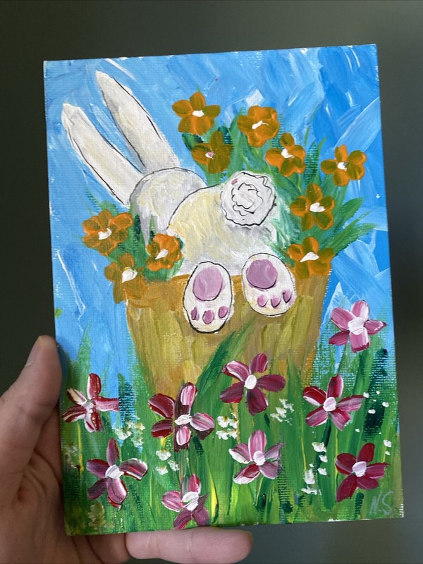 Bunny,easter Small paintings on canvas original 5/7 Inches,