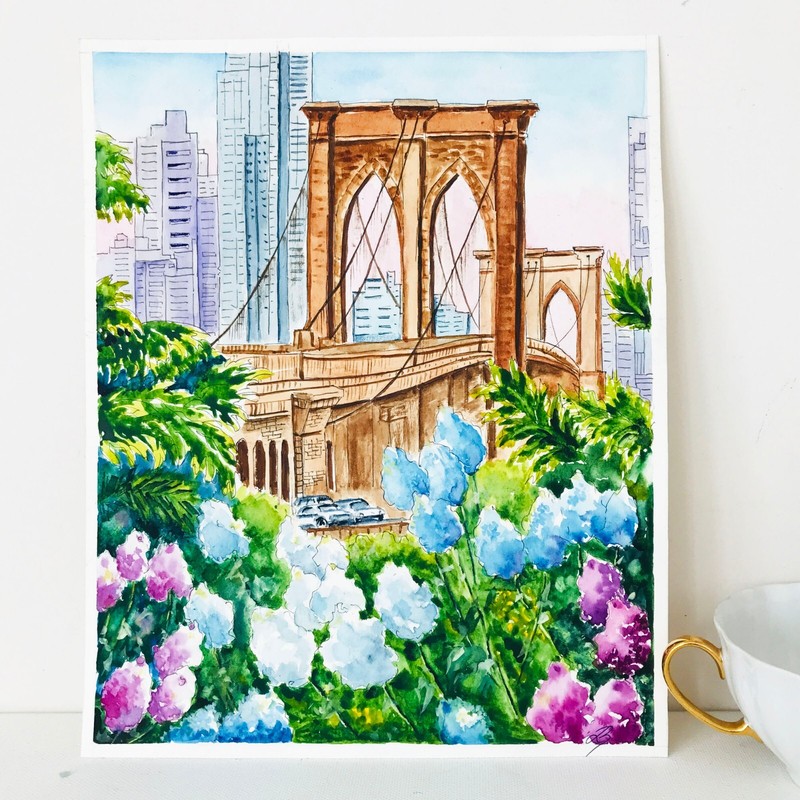 Original Art Brooklyn Bridge Painting New York City Watercolor NYC 12 x 9" gallery
