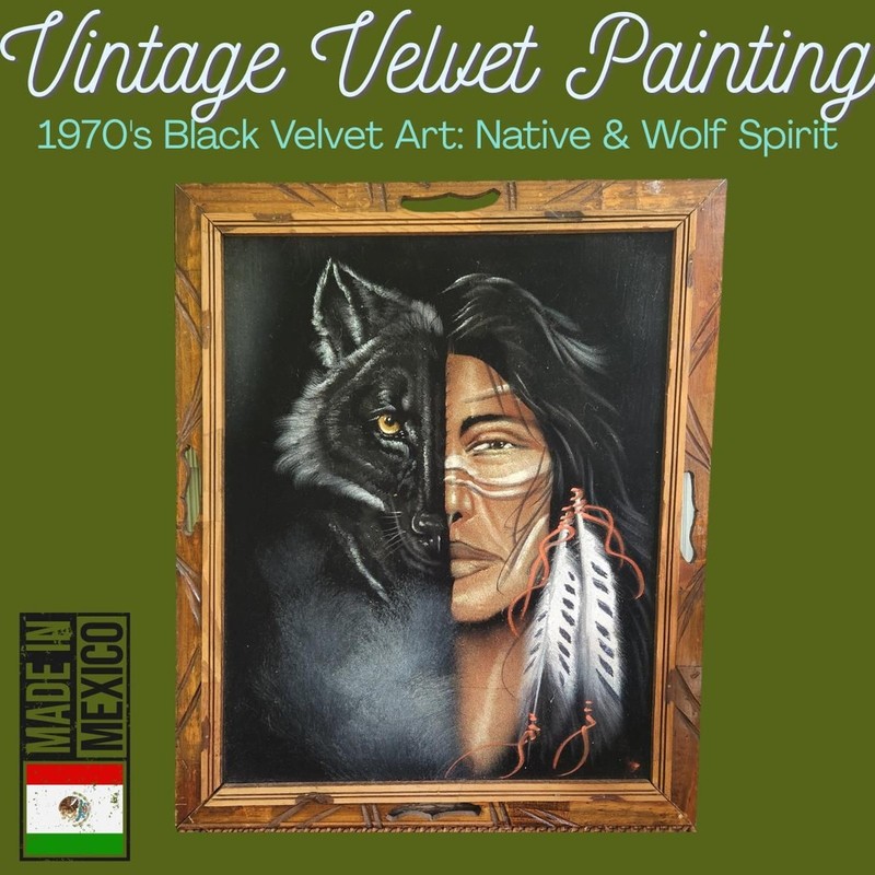 Handmade Black Velvet Wolf Painting | Native Spirit Animal Wall Art | Mexican