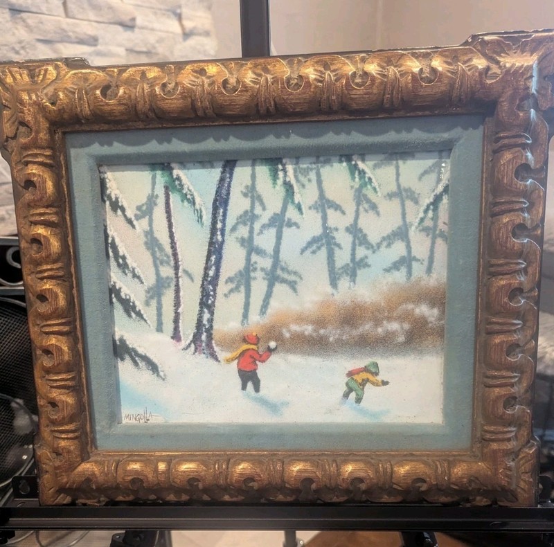 Rare Vintage Don Mingolla 14.75″x12.5″ Enamel On Copper Painting of Winter Fun