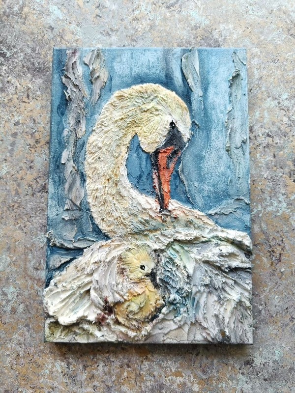 Original Volume Oil Acrylic Painting Wall Textured Art Mother Swan & Baby 12x8in gallery