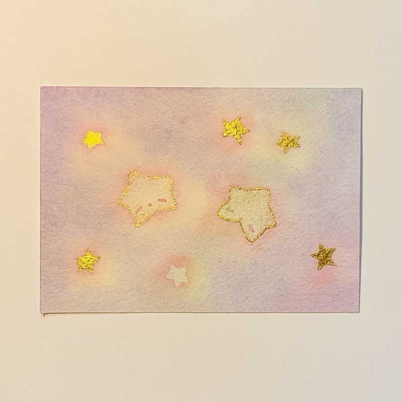 Small Abstract Pastel Stars Painting on Paper, Fantasy Theme, Unframed