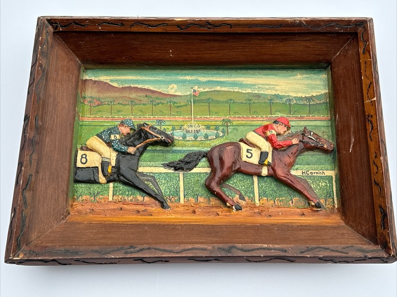 AMERICAN FOLK ART SCULPTURE PAINTING HORSE TRACK RACE JOCKEY SIGNED CORNISH 1960