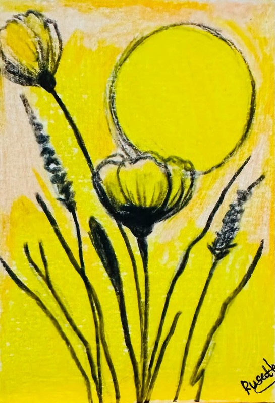Original ACEO Color Pencil Yellow Flower Drawing, Botanical Abstract Mini Art
