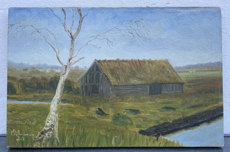 Impressionist Landscape with Wooden House Barn Coastal Tree Sky Oil Painting 1920 gallery