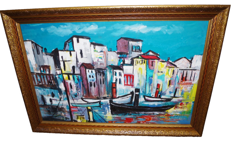 ZS Vintage M COSTA Signed Painting Framed Modern Art Harbor Houses Boat