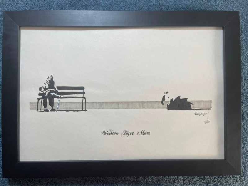 BANKSY DRAWING ON ANTIQUE PAPER, FRAMED ON WOOD, SIGNED AND SEALED