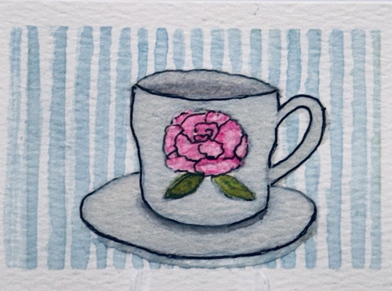 ACEO Original Watercolor & Ink Painting Rose Tea Cup, Mary Barton KBug.art