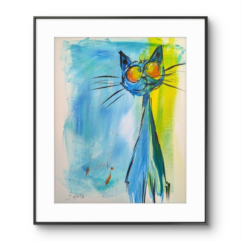 Blue Cat Original Painting Paper Whimsical Animal Modernism Pop Art SWhite