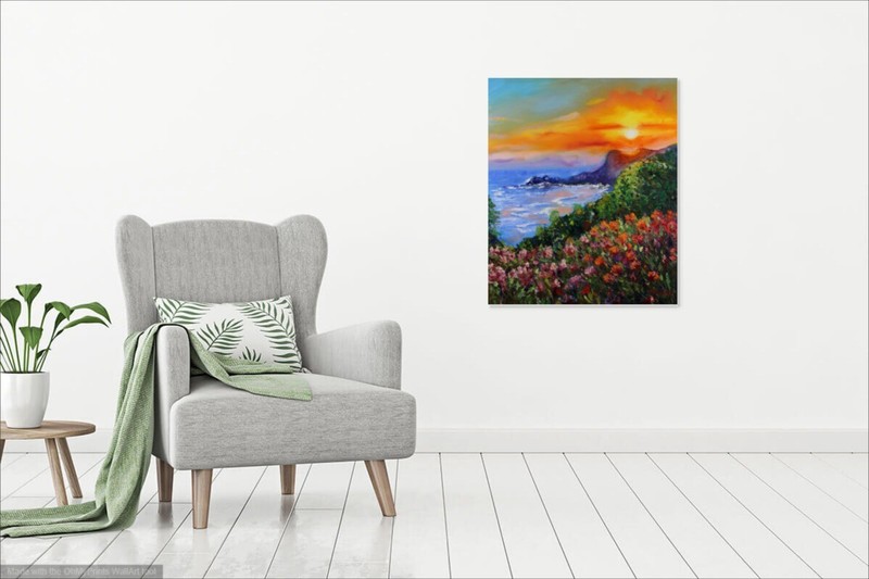 Sunset by the Sea Painting Original Oil Art Landscape Canvas Wall Art 24 by 20" gallery
