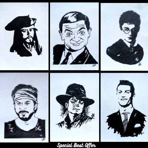 6PcsACEO Original Famous Actor Men Figure Black Pen Acrylic Art Card Hand Paint