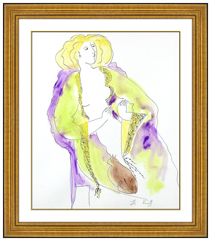 Linda Le Kinff Original Watercolor Painting Signed Female Figure Framed Artwork