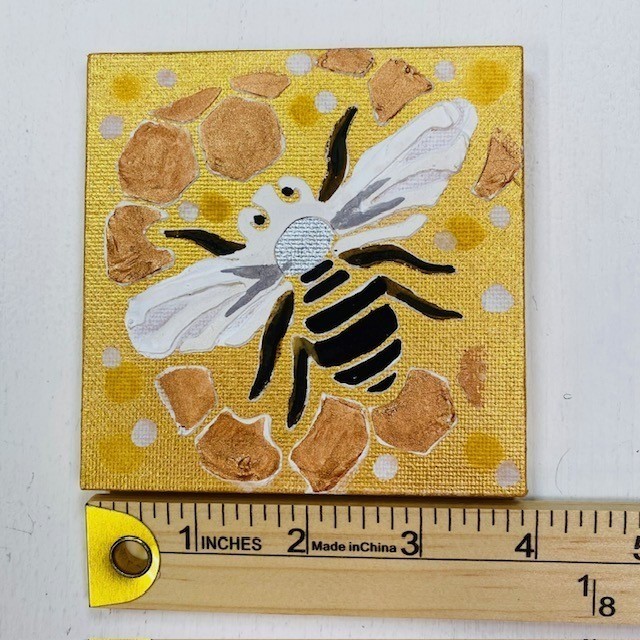 S Brown Signed Mini Bee Canvas Painting Gold Metallic 4x4 Original Art w/ Easel gallery