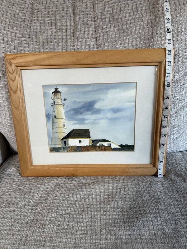 Medium Vintage Lighthouse Picture In Light Wood Frame 14”T X 17”W gallery