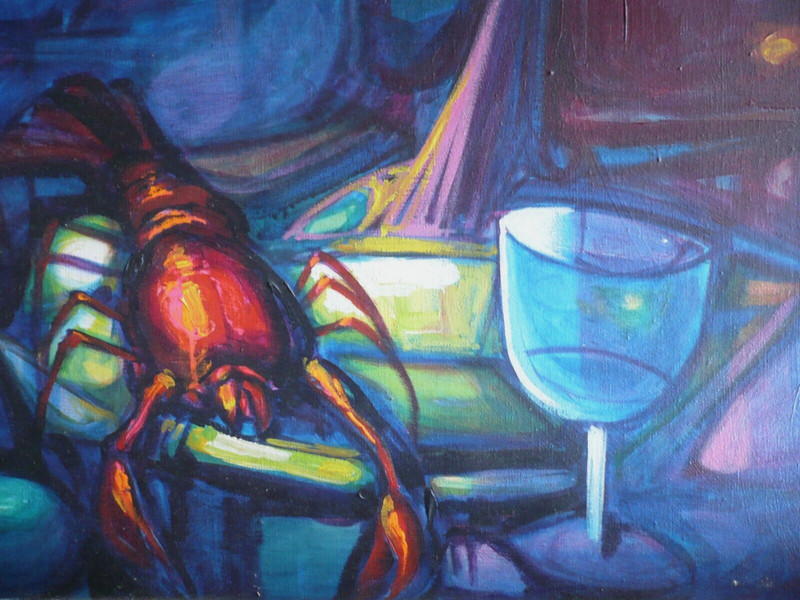 ALBERTO RUIS VELA, LISTED MODERN MODERNISM LOBSTER COLORISM VINTAGE OIL PAINTING gallery