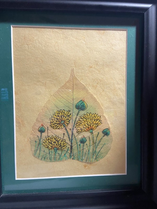 Vintage Hand Painted Peepal Tree Leaf India Greeting Card Framed & Matted 10x13 gallery