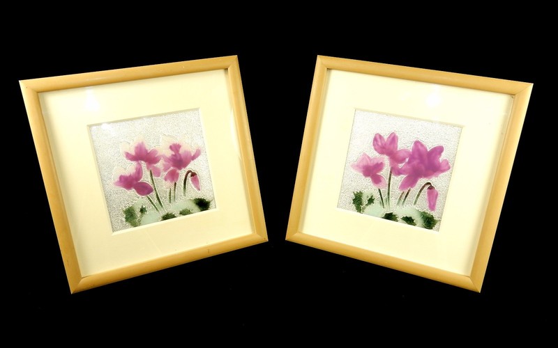 Twin Pictures ~ Purple Orchids Painted On Embossed Foil, Wide Mats, Easel Frames