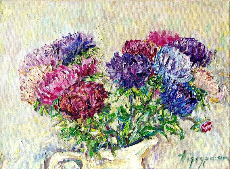 Textured Floral Oil Painting Asters Bouquet Impasto Canvas Art 16x12in gallery