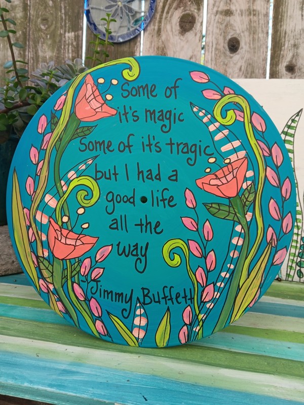 Jimmy Buffett Lyrics Original Painting on Repurposed 12″ record, Art Wall Record