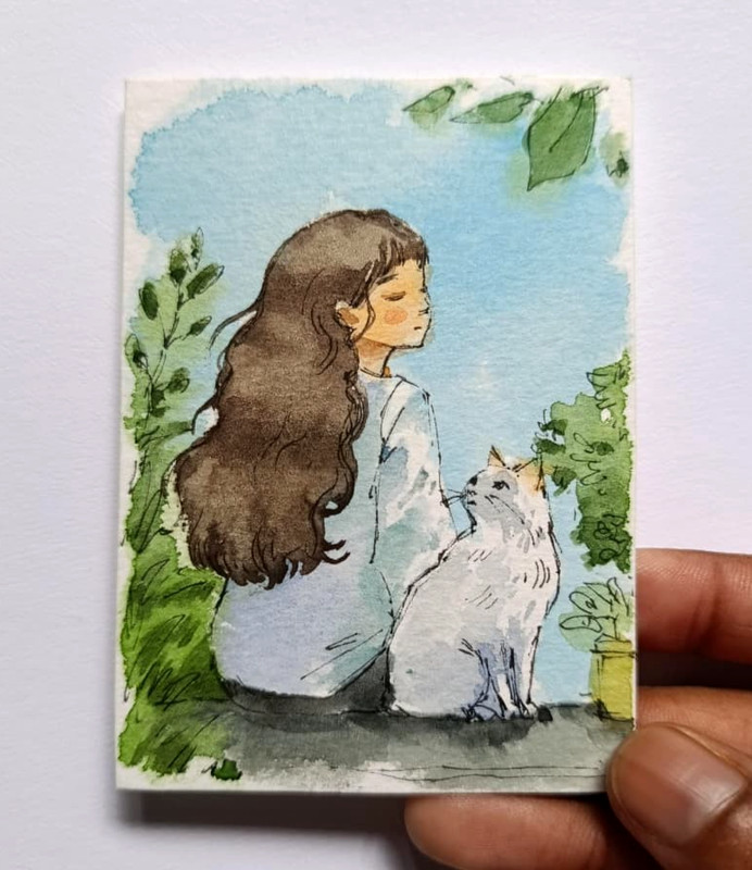 ACEO Original Watercolor Painting Girl White Cat Botanical Garden Plant OOAK Art